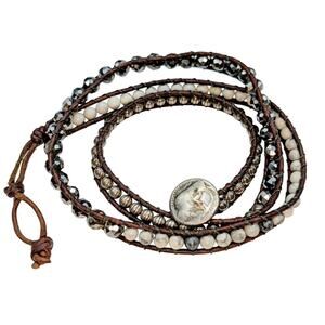 Silver Tone Buffalo Nickel Button 23" Wrap Bead Bracelet